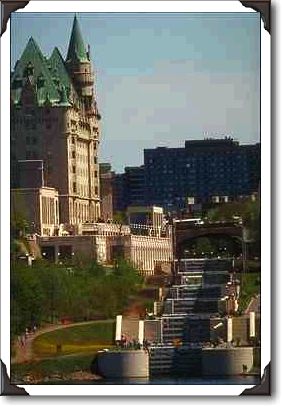 Canal lock system and Chateau Laurier from Hull, Quebec