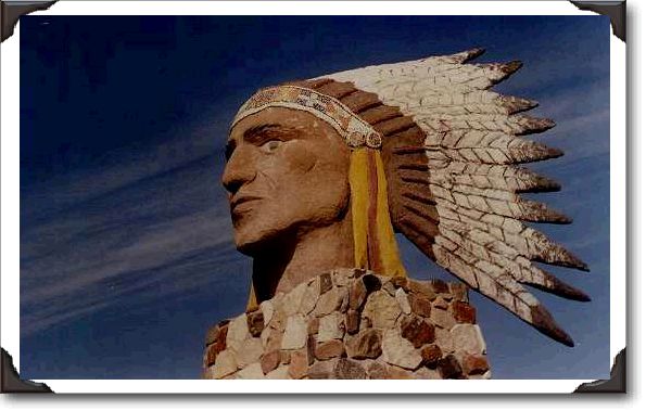 Indian Head Statue built in 1985 - 18ft. tall -  3,5000 lbs. Location: the southwest corner of town on the north side of Highway #1