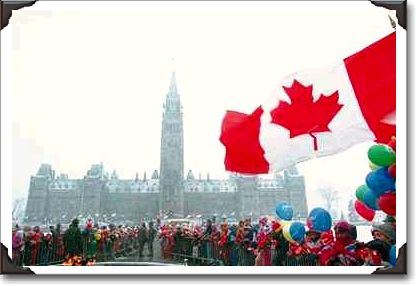 Parliament Hill with crowd and flag, Ottawa, Ontario