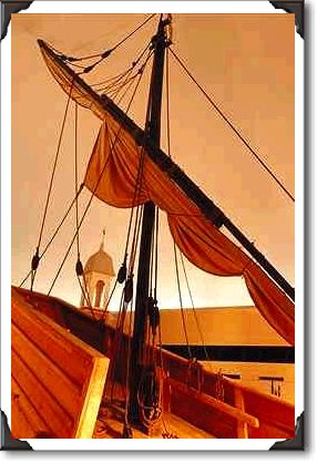 Mast and furled sails of a Basque whaling ship
