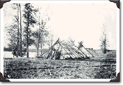 Birch bark tents, Manitoba, 1858; photo H.L. Hime c-18693