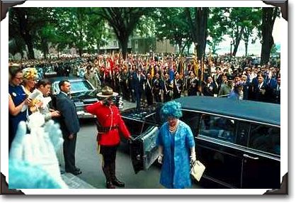 Queen Mother from her limo, Charlottetown, Prince Edward Island