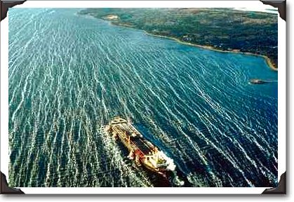 Hugh oil tanker taking crude oil out of the Strait of Canso, Nova Scotia