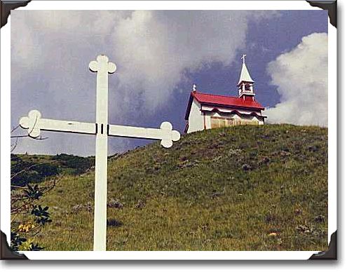 The Stations of the Cross lead to a small Catholic church on the side of the valley in Lebret, Sk.
