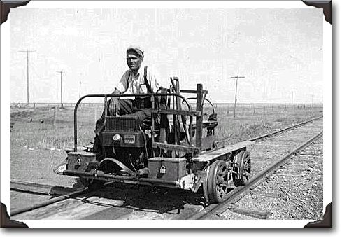 Section Forman Ray Loran worked for the CPR for 45 years, sits on his speeder just out side of Indian Head.  late 1950's photo