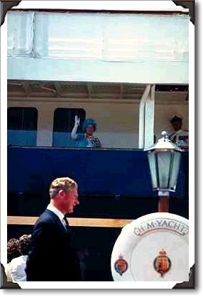 Queen Mother waving from Royal Yacht, Prince Edward Island